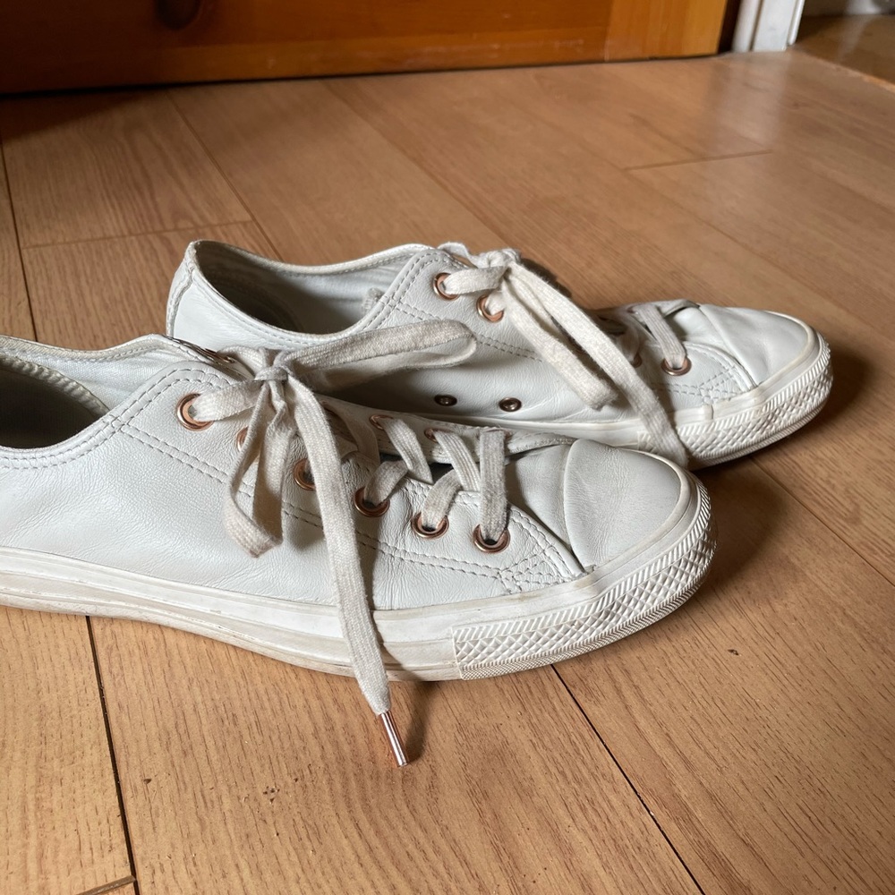Converse white leather with rose gold accents
